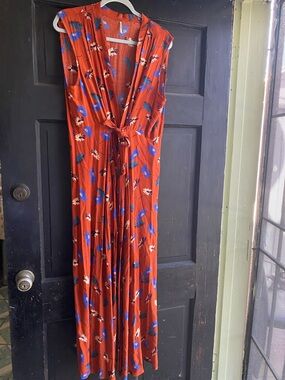 Free People Rust Red Floral Maxi Dress with Blue & Cream Accents